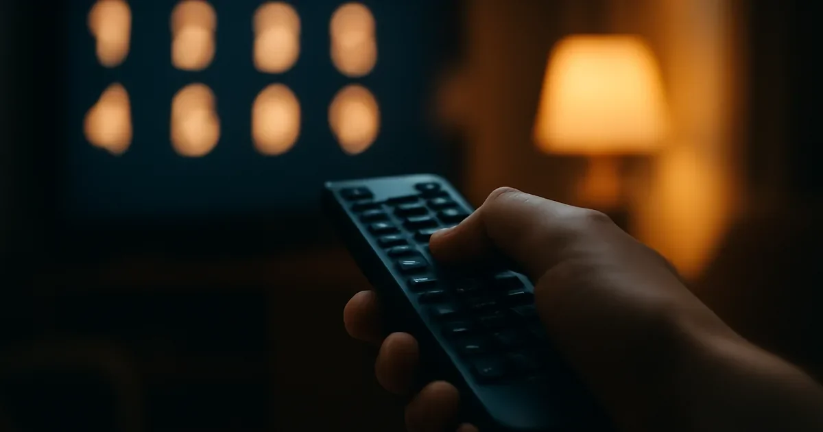 Mão segura um controle remoto diante de uma TV com símbolos luminosos desfocados.