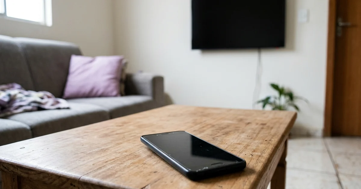 Celular com a tela apagada sobre a mesa de centro de madeira, com sofá cinza e TV desligada ao fundo